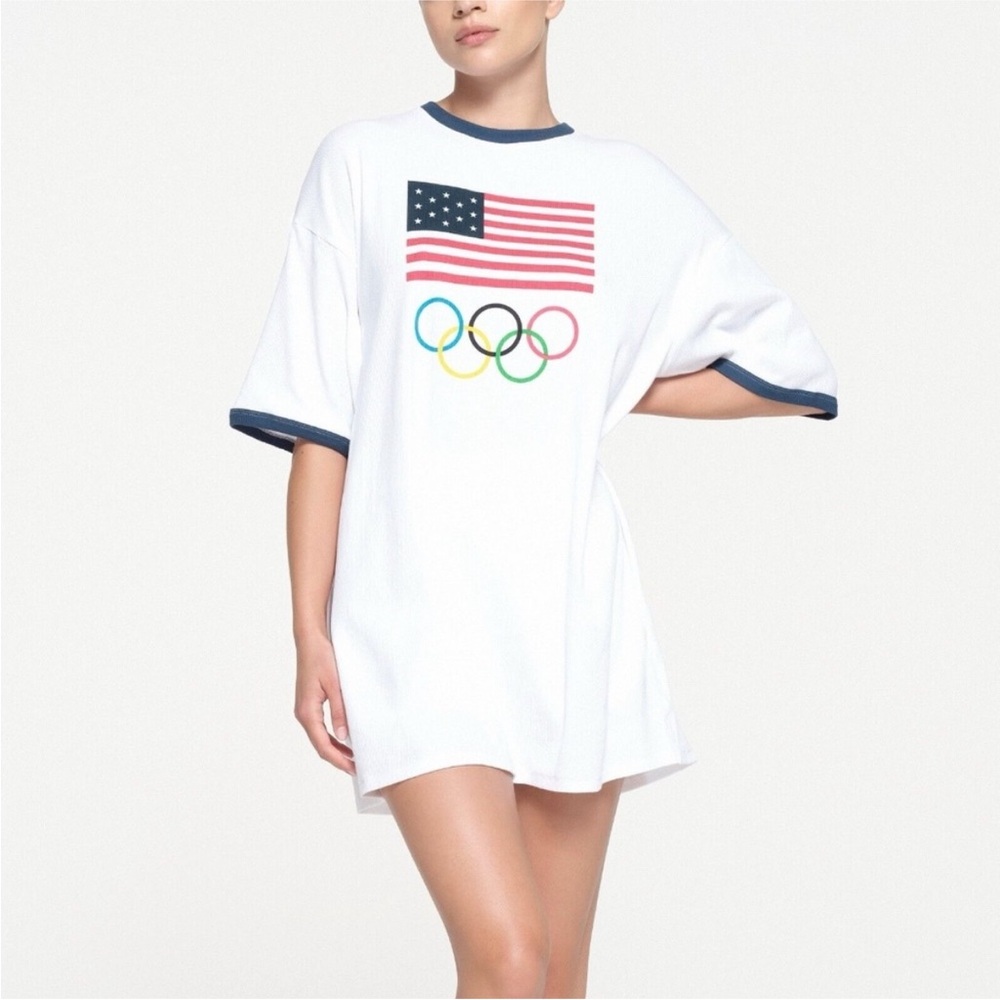 SKIMS USA OLYMPIC White Graphic T-Shirt DRESS Flag Design